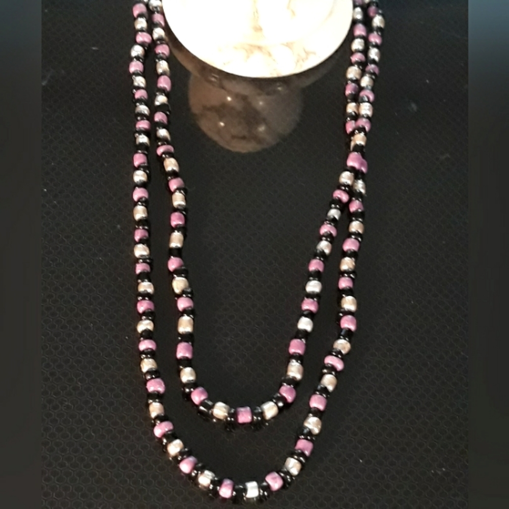 Handmade Single Strand Beaded Necklace 34" - Purple Black Metal Bead Necklace - Picture 2 of 9